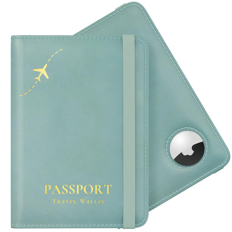 Stouchi AirTag Passport Holder, Cute Passport Holder with Airtag Slot, RFID Passport Wallet Cover for Women, Family Leather Passport Protector Case, Anti - Lost Travel Essentials, Sky Blue