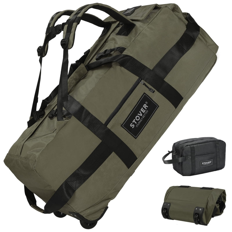 STOVER 100L Rolling Duffel Bag with Wheels, X - Large Durable Travel Duffle + Toiletry Bag, Heavy Duty, Packable with Shoulder Straps - Use as Luggage or Backpack, Men/Women (Green)