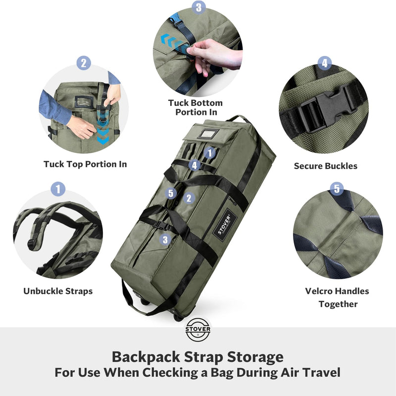 STOVER 100L Rolling Duffel Bag with Wheels, X - Large Durable Travel Duffle + Toiletry Bag, Heavy Duty, Packable with Shoulder Straps - Use as Luggage or Backpack, Men/Women (Green)