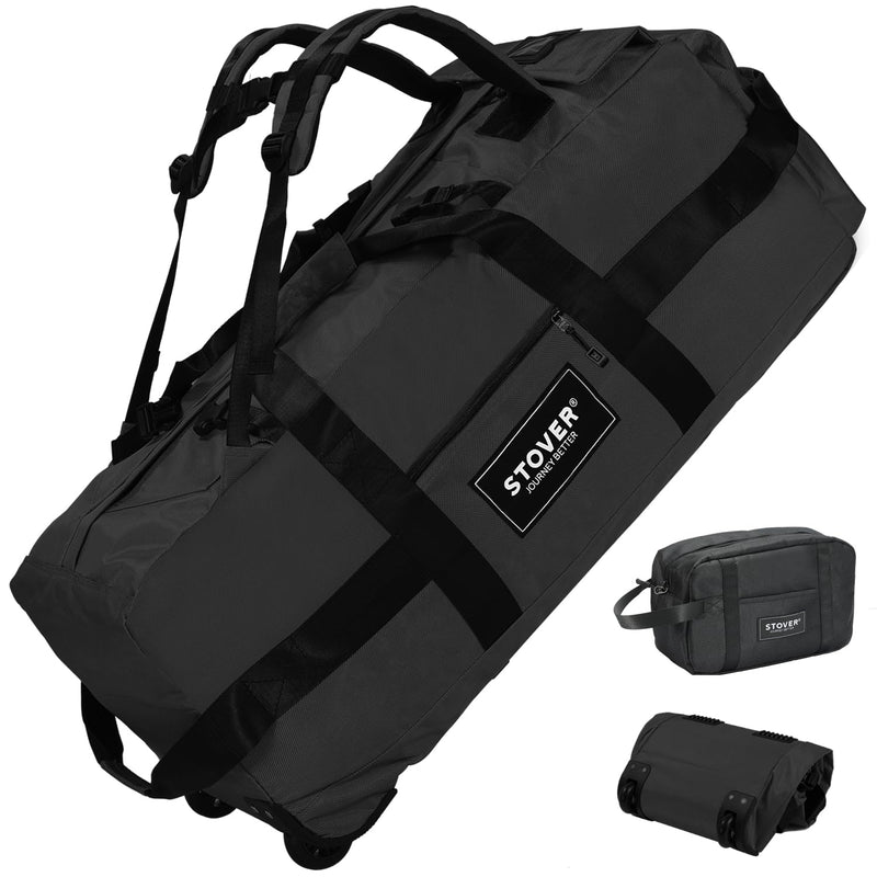 STOVER 80L Rolling Duffel Bag with Wheels, Large 31 Inch Durable Travel Duffle + Toiletry Bag, Heavy Duty, Packable, Foldable w/Shoulder Straps - Use as Luggage or Backpack, Men/Women (Black)