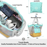 STOVER Extra Large Mesh Nylon Beach Bag, Vacation, Pool, Shopping, Toy, & Travel Tote - Foldable w/Storage Pouch & Pockets for Women, Men & Families - Heavy - Duty and Water - Resistant (Yellow/Aqua)