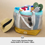 STOVER Extra Large Mesh Nylon Beach Bag, Vacation, Pool, Shopping, Toy, & Travel Tote - Foldable w/Storage Pouch & Pockets for Women, Men & Families - Heavy - Duty and Water - Resistant (Yellow/Aqua)