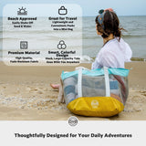 STOVER Extra Large Mesh Nylon Beach Bag, Vacation, Pool, Shopping, Toy, & Travel Tote - Foldable w/Storage Pouch & Pockets for Women, Men & Families - Heavy - Duty and Water - Resistant (Yellow/Aqua)