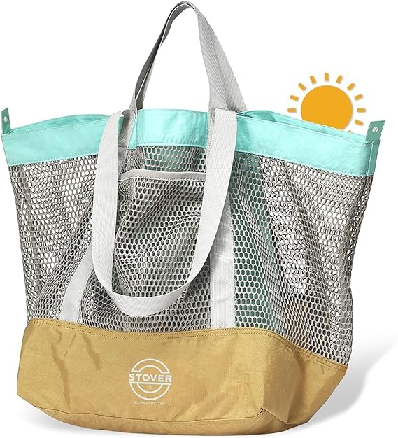 STOVER Extra Large Mesh Nylon Beach Bag, Vacation, Pool, Shopping, Toy, & Travel Tote - Foldable w/Storage Pouch & Pockets for Women, Men & Families - Heavy - Duty and Water - Resistant (Yellow/Aqua)