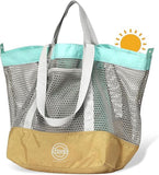 STOVER Extra Large Mesh Nylon Beach Bag, Vacation, Pool, Shopping, Toy, & Travel Tote - Foldable w/Storage Pouch & Pockets for Women, Men & Families - Heavy - Duty and Water - Resistant (Yellow/Aqua)