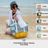 STOVER Extra Large Mesh Nylon Beach Bag, Vacation, Pool, Shopping, Toy, & Travel Tote - Foldable w/Storage Pouch & Pockets for Women, Men & Families - Heavy - Duty and Water - Resistant (Yellow/Aqua)