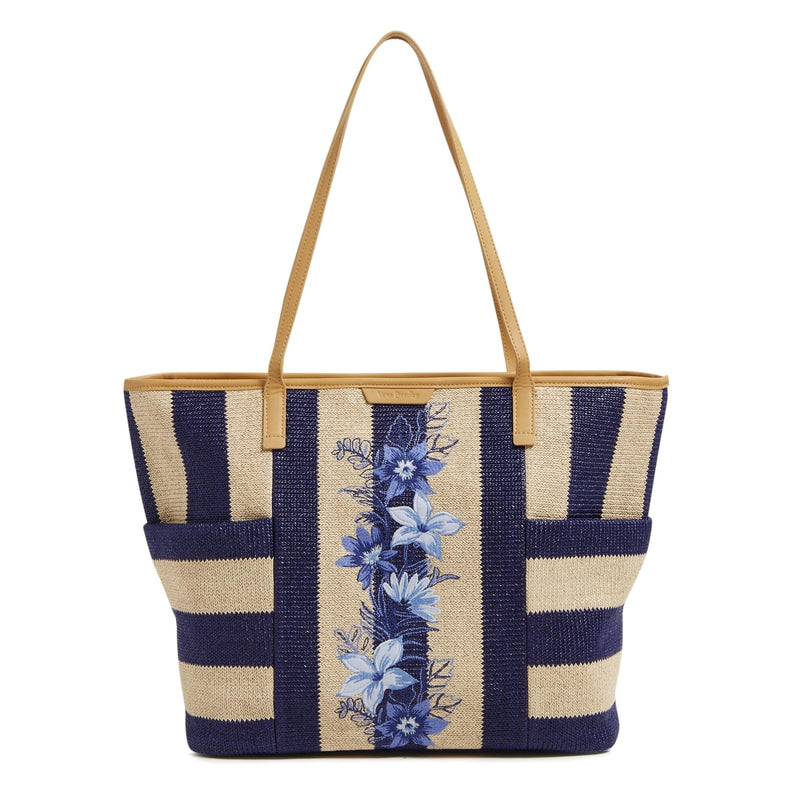 Straw Tote Bag, Navy Stripe Straw, One Size