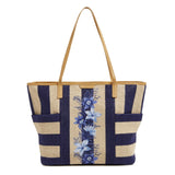 Straw Tote Bag, Navy Stripe Straw, One Size