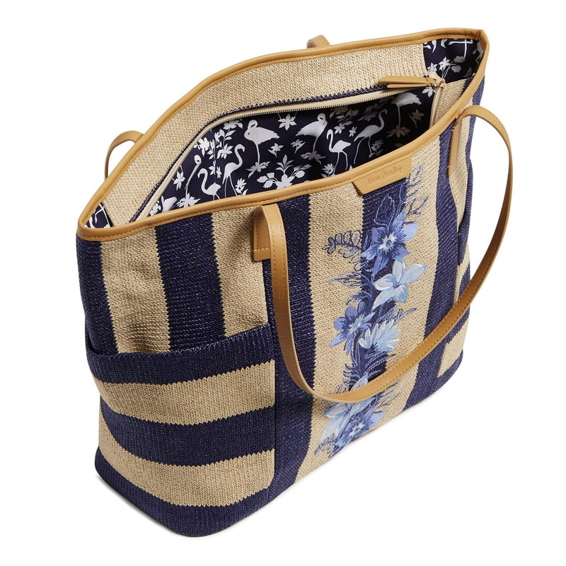 Straw Tote Bag, Navy Stripe Straw, One Size