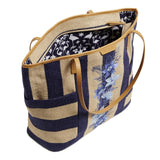 Straw Tote Bag, Navy Stripe Straw, One Size
