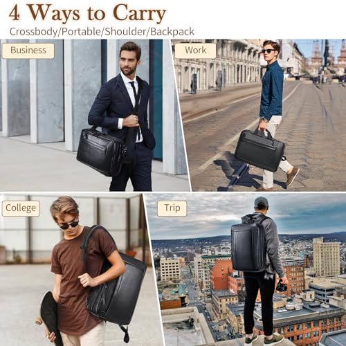 Stuery Faux Leather Messenger Bag for Men 17-17.3 Inch: Convertible 3 in 1 Backpack Laptop Briefcase Computer Handbags Shoulder CrossbodyBag with Padded for Work College Travel, PU Black
