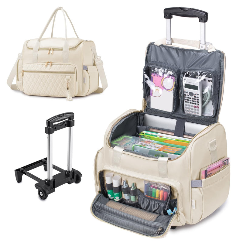 SUCIKORIO Teacher Rolling Laptop Bag 17.3 Inch 3 IN 1 Rolling Briefcase for Women Waterproof Teacher Tote Bag With Wheels Work Bags With Detachable Trolley for Office, College, Nurse, White