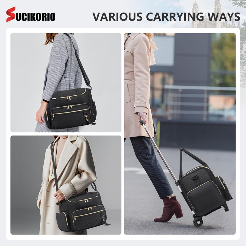 SUCIKORIO Teacher Rolling Laptop Bag 17.3 Inch 3 IN 1 Rolling Briefcase for Women Waterproof Teacher Tote Bag With Wheels Work Bags With Detachable Trolley for Office, College, Nurse, White