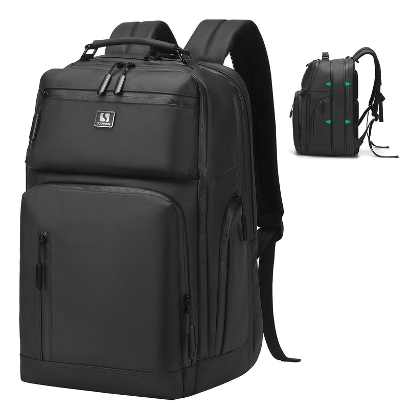 SUIKIHUM Expandable Business Backpack with 17" Laptop Compartment - Waterproof, Airline Approved, 33L - 42L Capacity, for Work & Travel, Black