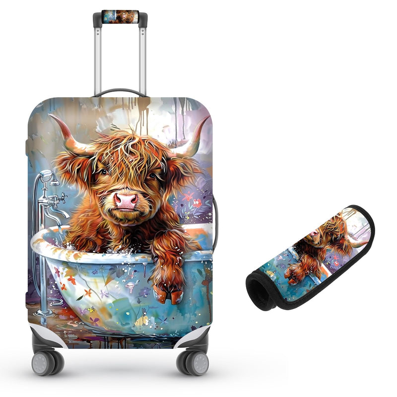 Suitcase Cover for Luggage 29 - 32 Inch, Washable Elastic Anti - Scratch Luggage Protector, Durable Zipper Baggage Cover with Handle Wrap, Travel Accessories for Suitcase, Cute Highland Cowin Bathtub