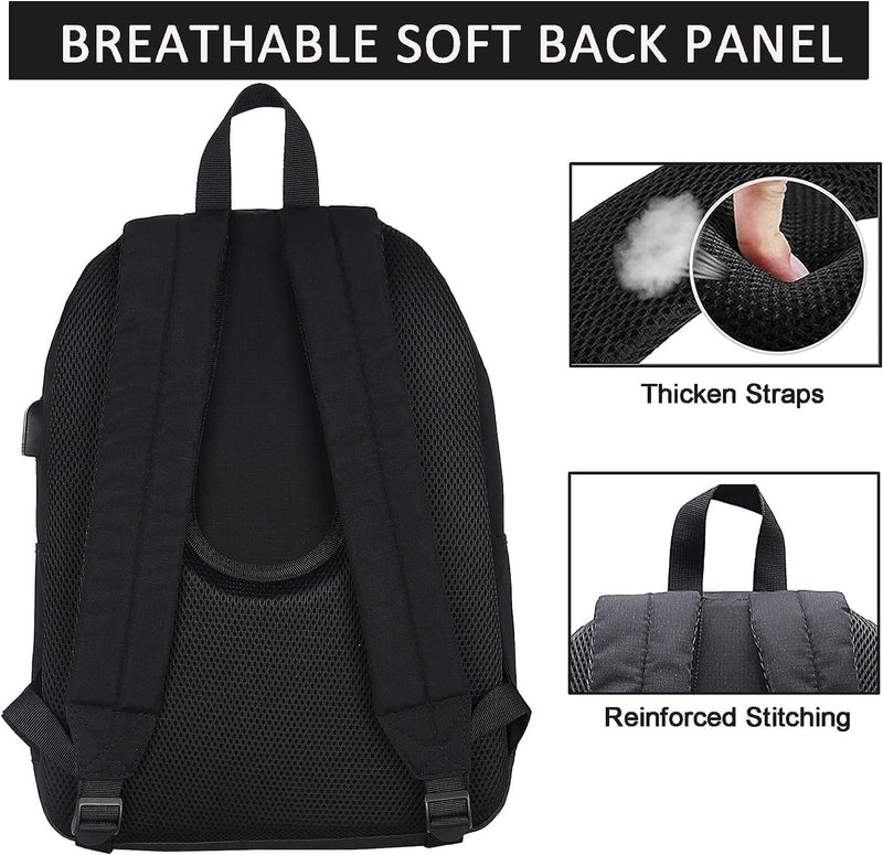 SUPACOOL Casual Laptop Backpack for Men and Women, Work backpack, Black Backpacks, College School Backpack for Boys and Girls, USB Charging Port, Lightweight Travel Back Pack(Black)