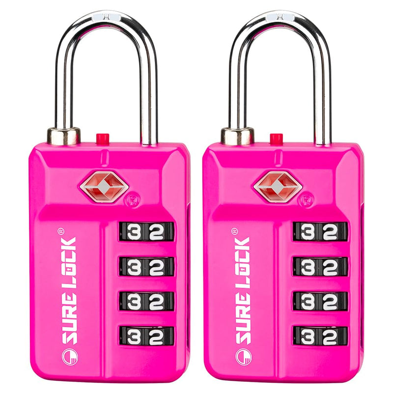 SURE LOCK TSA Approved 4 - Digit Resettable Combination Luggage Locks with Open Alert, Easy - Read Dials - for Luggage, School Lockers, Gym, Office, Toolbox & Security Cases (Pink 2 Pack)