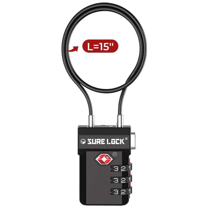 SURE LOCK TSA Approved Long Cable Luggage Lock 15 - Inch Flexible Travel Lock to Secure Multiple Bags or Anchor to Fixed Objects, Resettable Combination with Visual Indicator Black 1 Pack