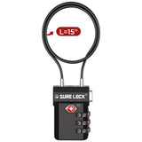 SURE LOCK TSA Approved Long Cable Luggage Lock 15 - Inch Flexible Travel Lock to Secure Multiple Bags or Anchor to Fixed Objects, Resettable Combination with Visual Indicator Black 1 Pack