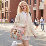 SUSTRALO Large Ita Bag Crossbody Backpack with Insert, 4-Way Convertible Pin Display Backpack with Clear Window for Kawaii,Cosplay & Anime Convention (Pins Not Included),Pink