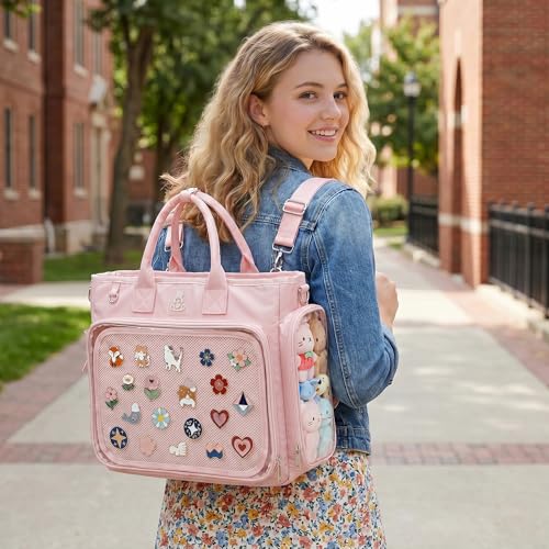 SUSTRALO Large Ita Bag Crossbody Backpack with Insert, 4-Way Convertible Pin Display Backpack with Clear Window for Kawaii,Cosplay & Anime Convention (Pins Not Included),Pink