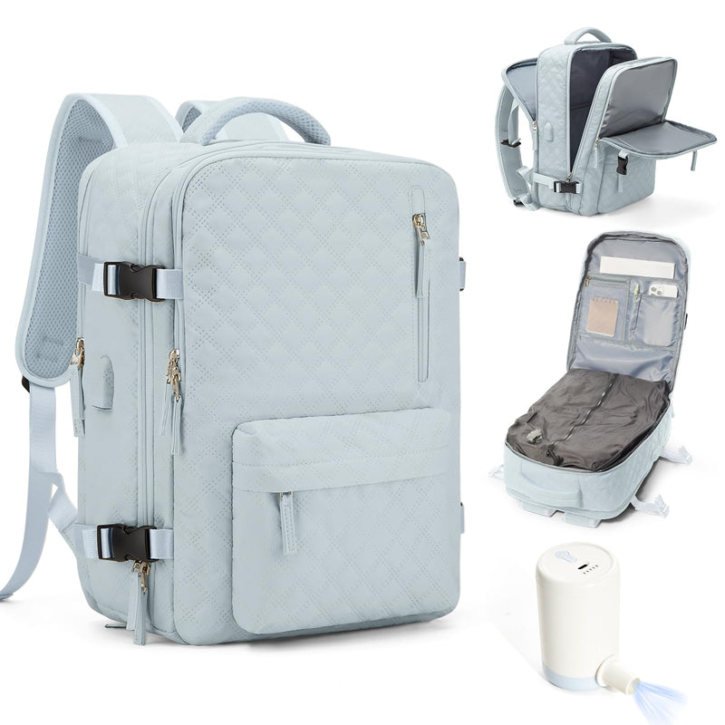 suwasp Vacuum Backpack Travel with Pump, Travel Backpack for Women Men, Vacuum Compression Bags with Laptop Compartment/Shoe Compartment, Personal Item Carry On Backpacks Flight Approved, Light Blue