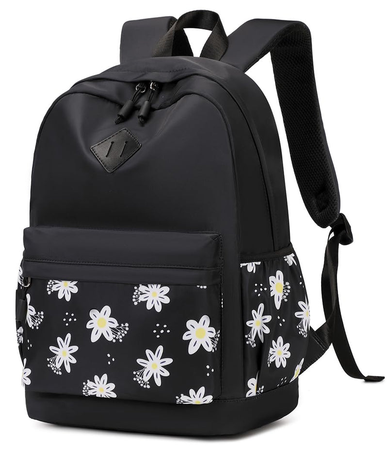 Swacort Black Backpack for School Teen Girls Backpacks Women Travel Laptop Back Pack Cute Floral Lightweight Todder Schoolbag Kids Bookbag Carry on Daypack