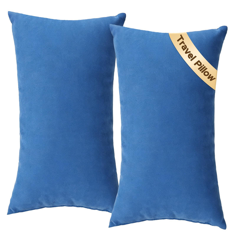 SweetSlubr Small Travel Pillows - 2 Pack, 7"x11" Mini Neck Pillow for Airplane & Long Flight, Machine Washable Headrest for Nap & Sleeping, Portable Soft Tiny Cushion for Lumbar, Knee, Ankle (Blue)