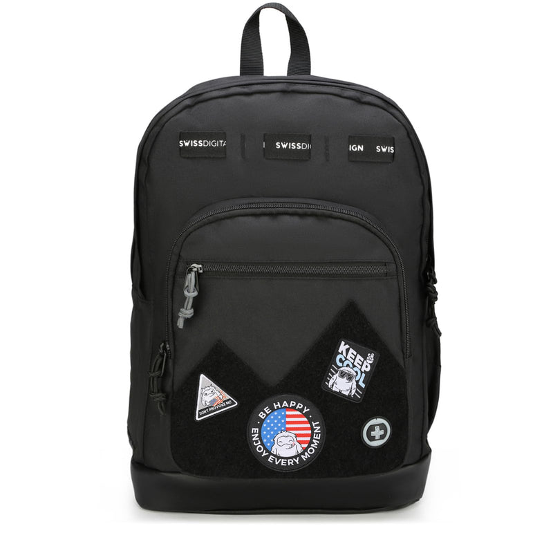 Swissdigital Design Big Student Laptop Backpack with Fun Personalized Patches For College Boy & Girl, Middle High School Teen Bookbag Cool Travel Daypack Black - Includes 3 Patches | SD1718 - 01