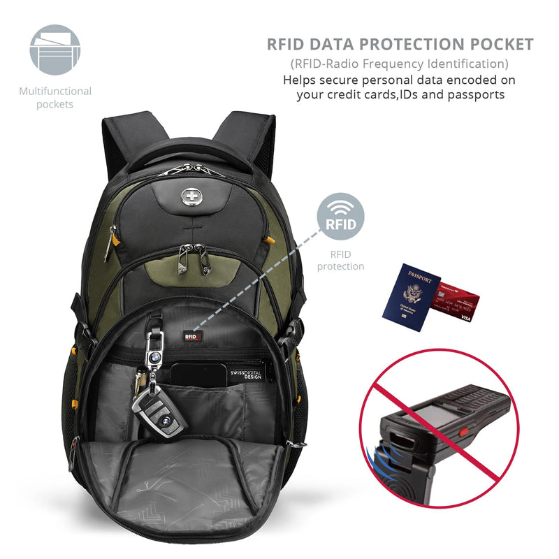 Swissdigital Design Laptop Backpack, Travel Backpack with USB Charging Port Fits 15.6 inches Computer, 31L College School Bookbag for Men,Olive/Black | SD803 - 26
