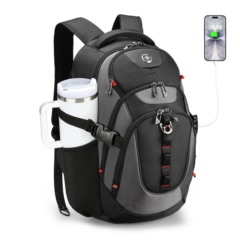 Swissdigital Design Laptop Backpack with USB Charging Port, Travel Backpack Fits 15.6 inches Computer, 31L College School Backpack for Men, Black/Grey | SD803 - 02