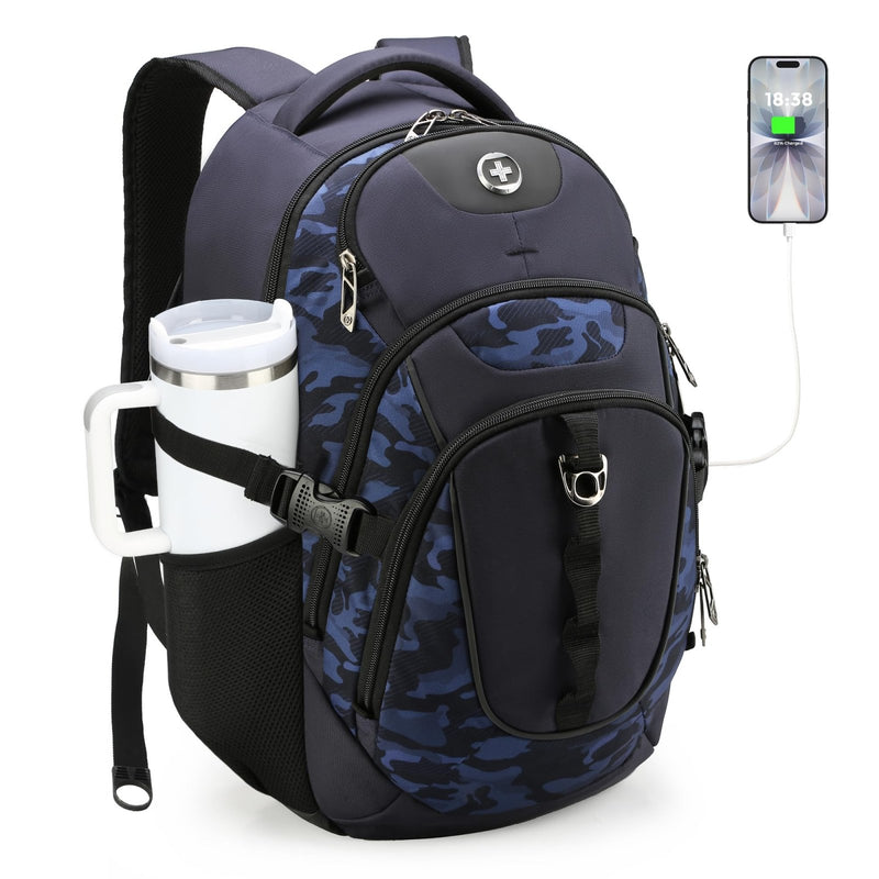 Swissdigital Design Laptop Backpack with USB Charging Port, Travel Backpack Fits 15.6 inches Computer, 31L College School Backpack for Men, Blue Camo | SD803 - 92