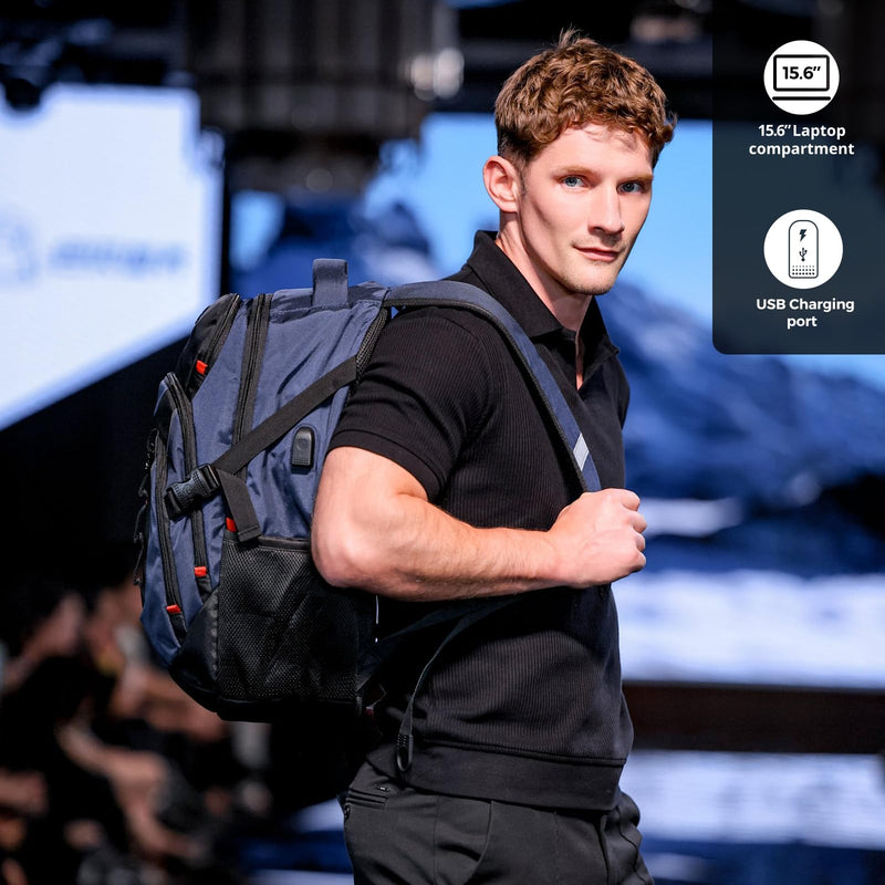 Swissdigital Design Laptop Backpack with USB Charging Port, Travel Backpack Fits 15.6 inches Computer, 31L College School Backpack for Men, Blue/Black | SD803 - 12