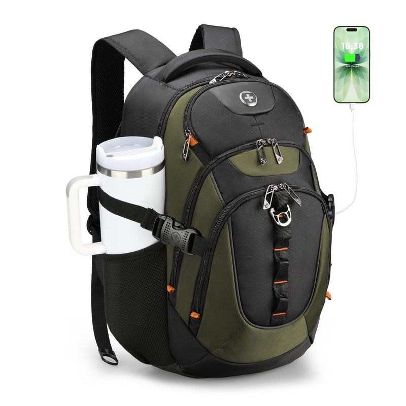 Swissdigital Design Laptop Backpack with USB Charging Port, Travel Backpack Fits 15.6 inches Computer, 31L College School Backpack for Men, Olive/Black | SD803 - 26