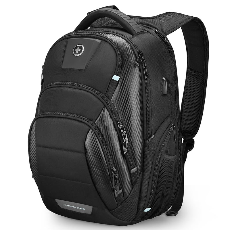 Swissdigital Design Men's 17 Inch Laptop Backpack with Apple Find My Network and USB Charging Port, Large Capacity Business Travel Backpack for College and Business Black | SD1643FB - 01