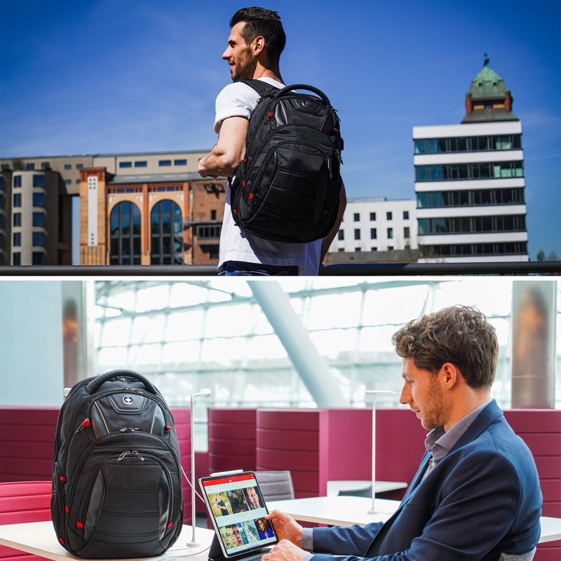 Swissdigital Design Men's Laptop Backpack for College and Business Travel with Integrated USB Charging Port and RFID Protection Fits Laptops up to 15.6 in, Black | J14 - BR