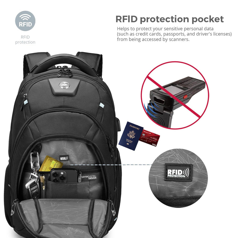 Swissdigital Design Tech Backpack for Men, Compact Organized, TSA Friendly with Apple Find My Network, USB Charging RFID Protection for College and Business, Fits 17" Laptops, Black | SD1644FB - 01