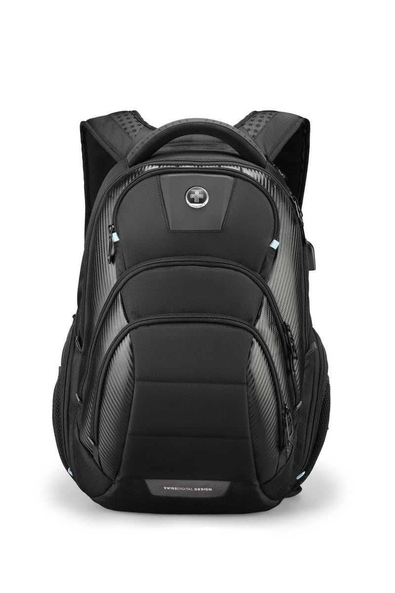 Swissdigital Design TSA Business Laptop Backpack for Men, Large Capacity Travel Backpack with Apple Find My Network and USB Charging Port Tech Backpacks Fits 17 Inch Computer Black| SD1643FB - 01