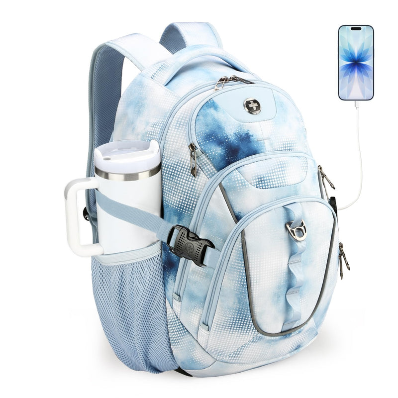 Swissdigital Laptop Backpack with USB Charging Port, Travel Backpack Fits 15.6 inches Computer, 31L Backpack for Men, Polka Blue | SD803 - 105