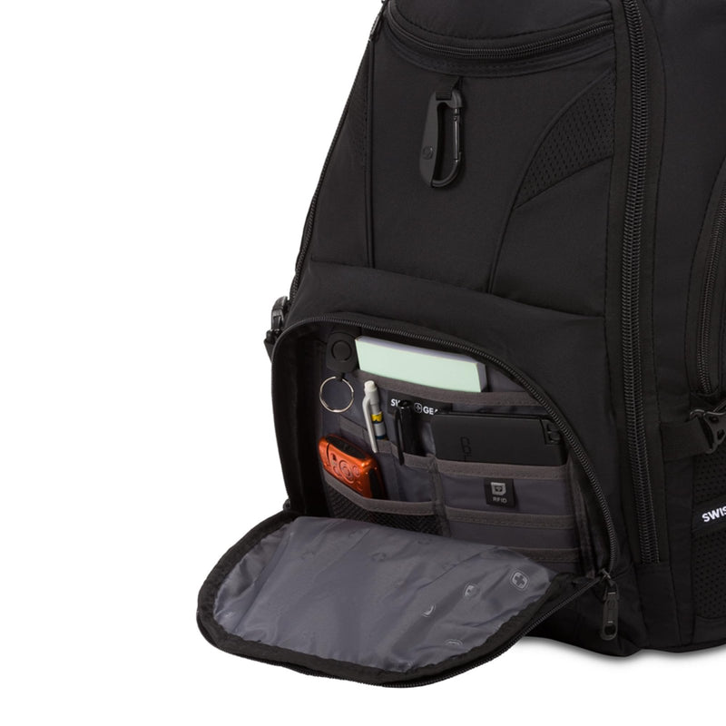 SwissGear 1900 ScanSmart 17” Laptop Backpack Black/Black – Reflective Tech Backpack with ScanSmart Compartment – Multiple Organizer Pockets & RFID Scan Blocking Technology