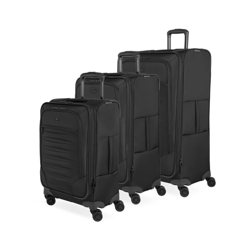 SwissGear Opulence Softside Expandable Luggage Black – 3 - Piece Suitcase Set with Spinner Wheels (21/25/29) – Ideal for 2 - 3 Week Trips