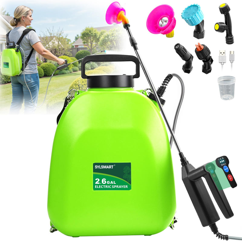 Sylsmart Battery Powered Backpack Sprayer 2.6Gallon, Electric Sprayer with 3 - Adjustable Sprayings, Battery Indicator, 5 Nozzles, 41" Retractable Wand, Rechargeable Garden Sprayer for Weed, Lawn&Yard
