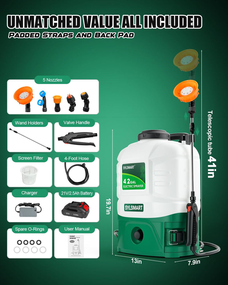Sylsmart Battery Powered Backpack Sprayer 4 Gallon, 0 - 100 PSI Strong Electric Sprayer Compatible with Makita 18V Battery, 5 Nozzles, Weed Sprayer for Lawn & Garden, Yard, Fertilizer (Battery Inc)