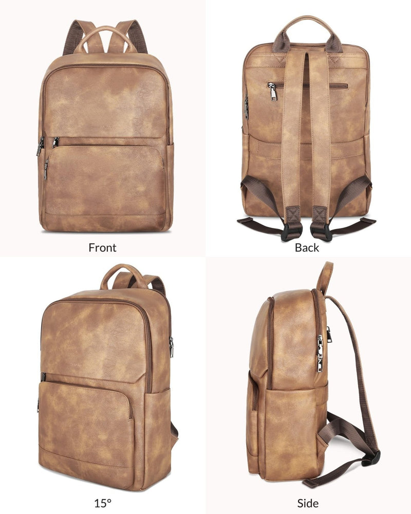 SYTRAH Leather Backpack for Women, Vintage 15.6 inch Laptop Backpack Purse for Women, College Casual Backpacks Ladies Computer Bags for Travel Business Work Camel