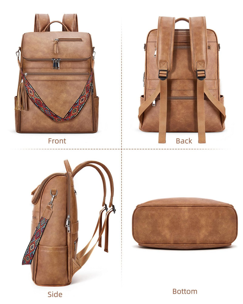 SYTRAH Leather Laptop Backpack for Women Designer Laptop Bag, 16.5 inch Travel Computer Backpacks Purse with Tassel for Work Business with Satchel Purse Brown