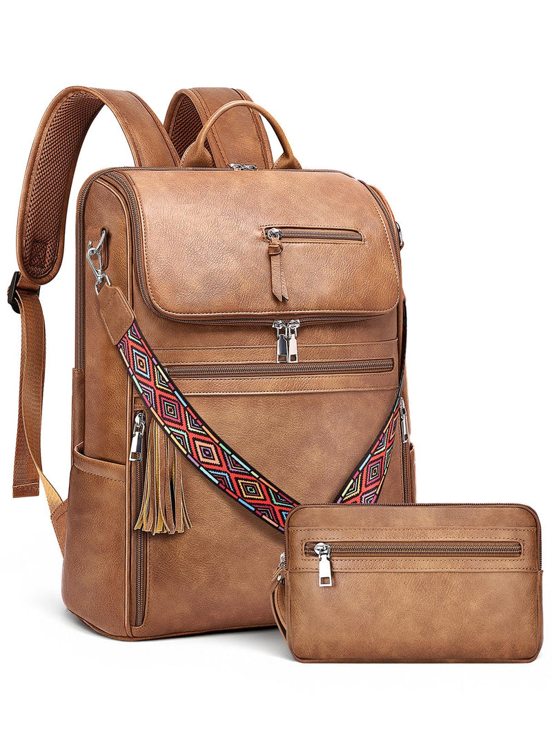 SYTRAH Leather Laptop Backpack for Women Designer Laptop Bag, 16.5 inch Travel Computer Backpacks Purse with Tassel for Work Business with Satchel Purse Brown