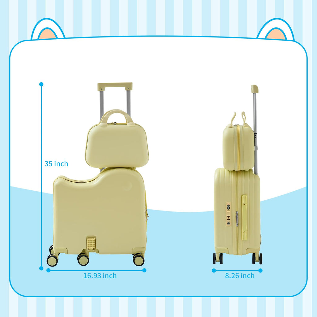 TABU Ride - on Luggage with Portable Bag for Kids，Hardshell Carry On Suitcase with Hidden Cup Holder, Foldable Pedal,Type - C & USB Interface, TSA Lock, 6 - Spinner Wheels, Yellow