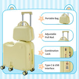 TABU Ride - on Luggage with Portable Bag for Kids，Hardshell Carry On Suitcase with Hidden Cup Holder, Foldable Pedal,Type - C & USB Interface, TSA Lock, 6 - Spinner Wheels, Yellow