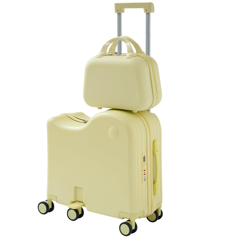 TABU Ride - on Luggage with Portable Bag for Kids，Hardshell Carry On Suitcase with Hidden Cup Holder, Foldable Pedal,Type - C & USB Interface, TSA Lock, 6 - Spinner Wheels, Yellow