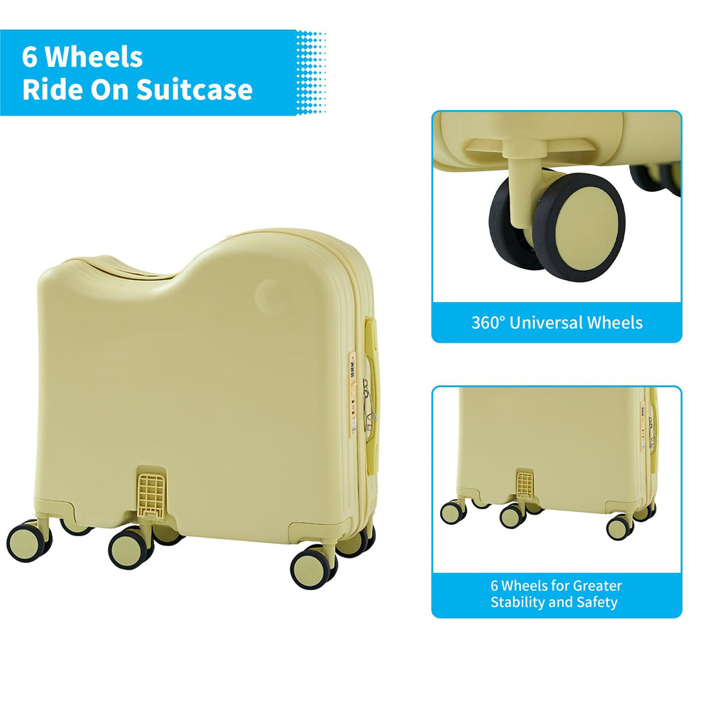 TABU Ride - on Luggage with Portable Bag for Kids，Hardshell Carry On Suitcase with Hidden Cup Holder, Foldable Pedal,Type - C & USB Interface, TSA Lock, 6 - Spinner Wheels, Yellow
